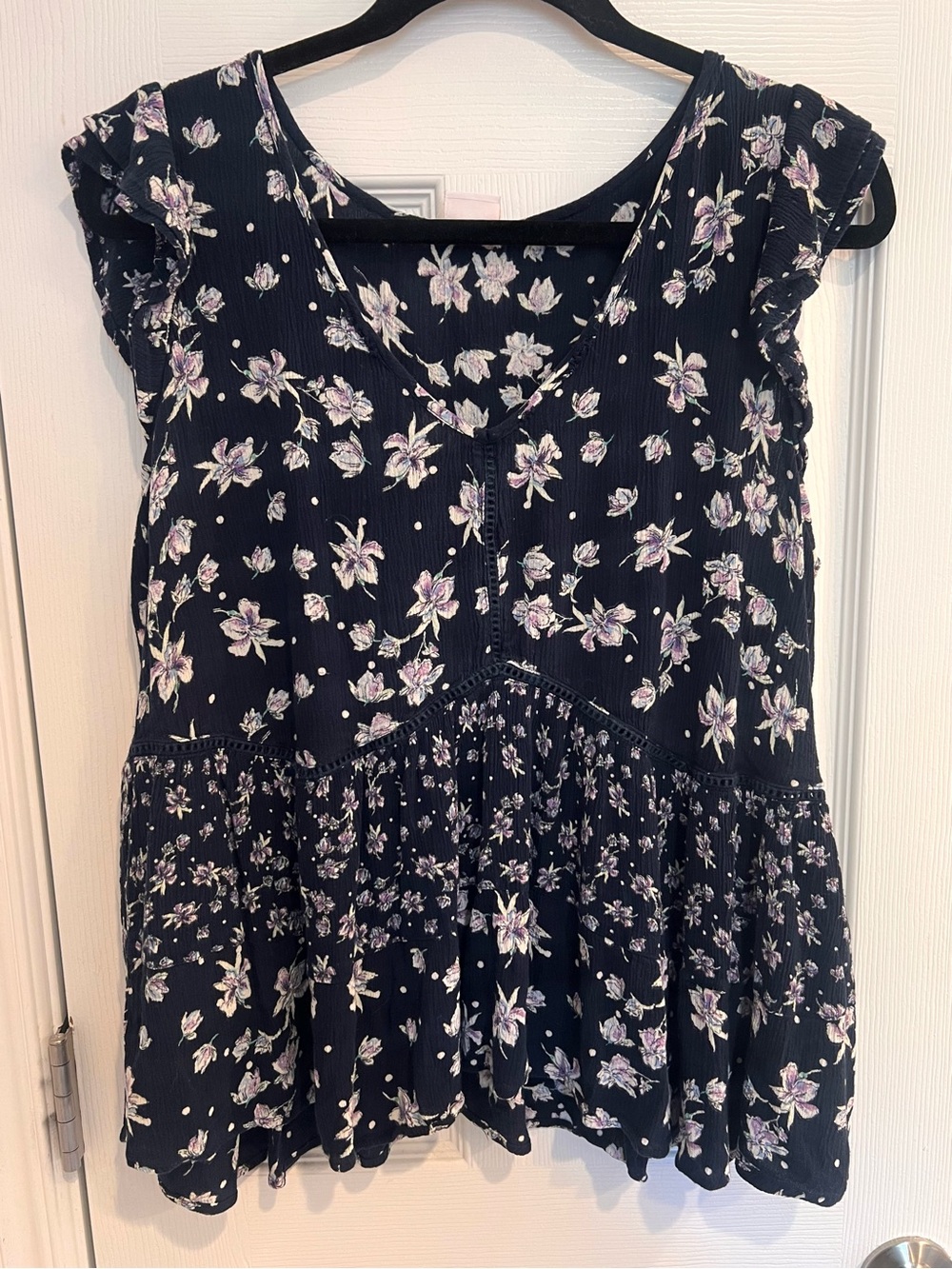Bila Navy Floral Flutter Sleeve V-Neck Flowy Fairy Boho Blouse Shirt Top Large